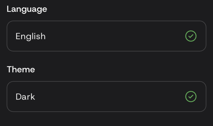 Dark mode theme setting selected in the Fliva app